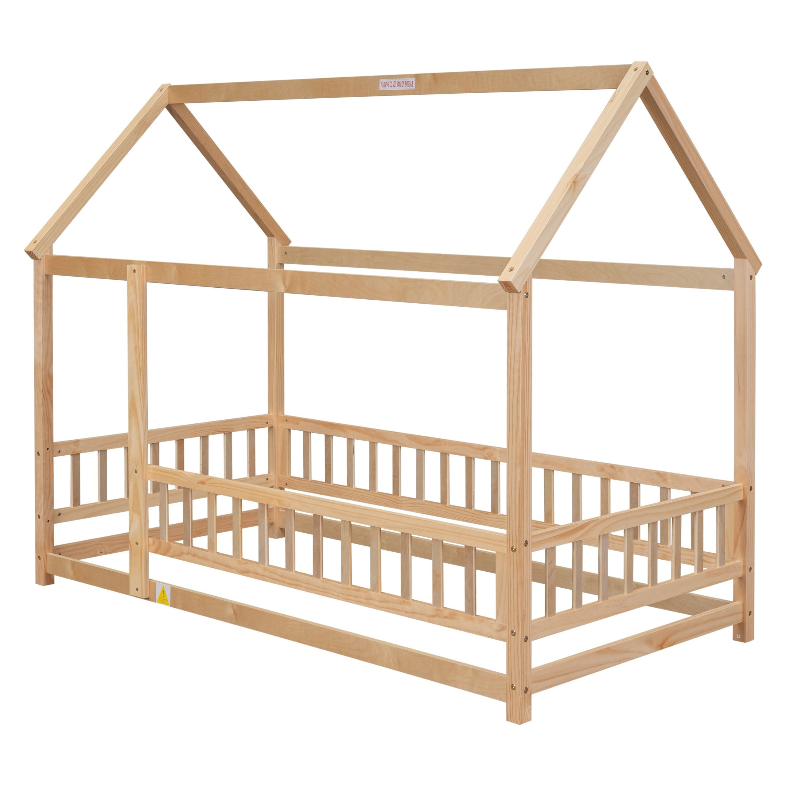 Wooden Twin Size Floor Bed with House Roof Frame, Fence Guardrails