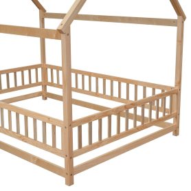 Full Size Floor Wooden Bed with House Roof Frame, Fence Guardrails 20 Full Size Floor Wooden Bed with House Roof Frame, Fence Guardrails