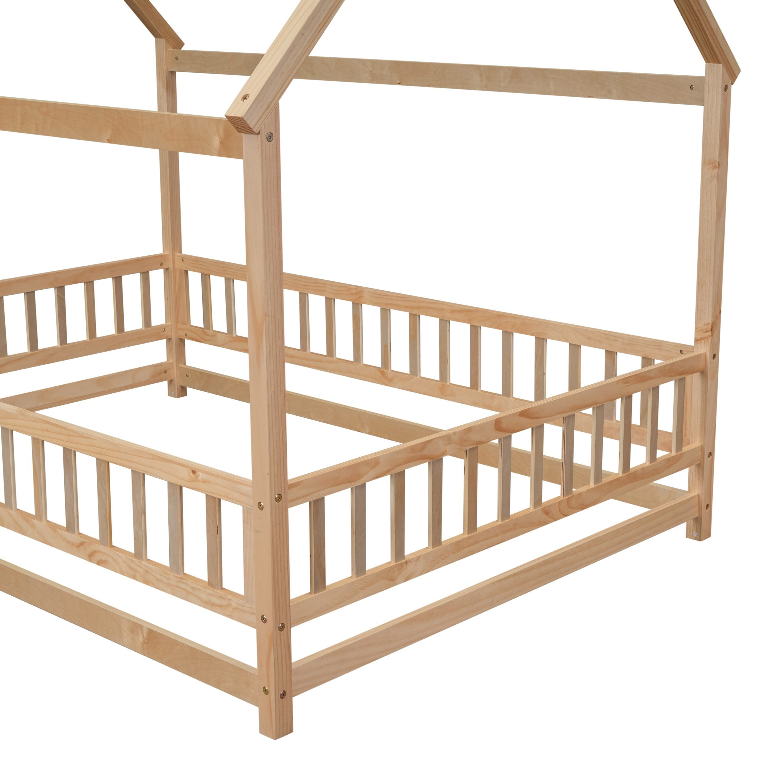 Full Size Floor Wooden Bed with House Roof Frame, Fence Guardrails 4 Full Size Floor Wooden Bed with House Roof Frame, Fence Guardrails