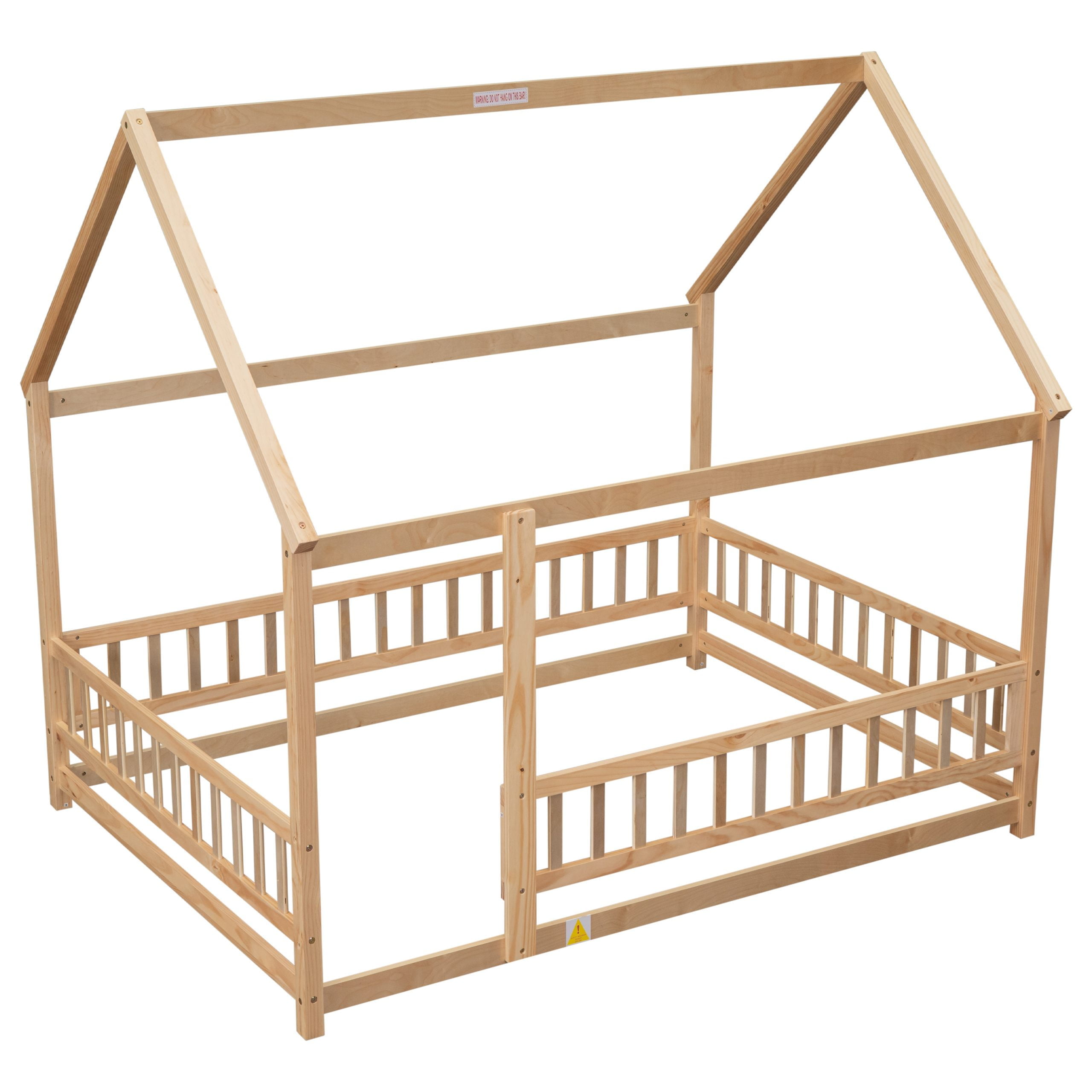 Full Size Floor Wooden Bed with House Roof Frame, Fence Guardrails 15 Full Size Floor Wooden Bed with House Roof Frame, Fence Guardrails