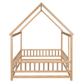 Full Size Floor Wooden Bed with House Roof Frame, Fence Guardrails 33 Full Size Floor Wooden Bed with House Roof Frame, Fence Guardrails
