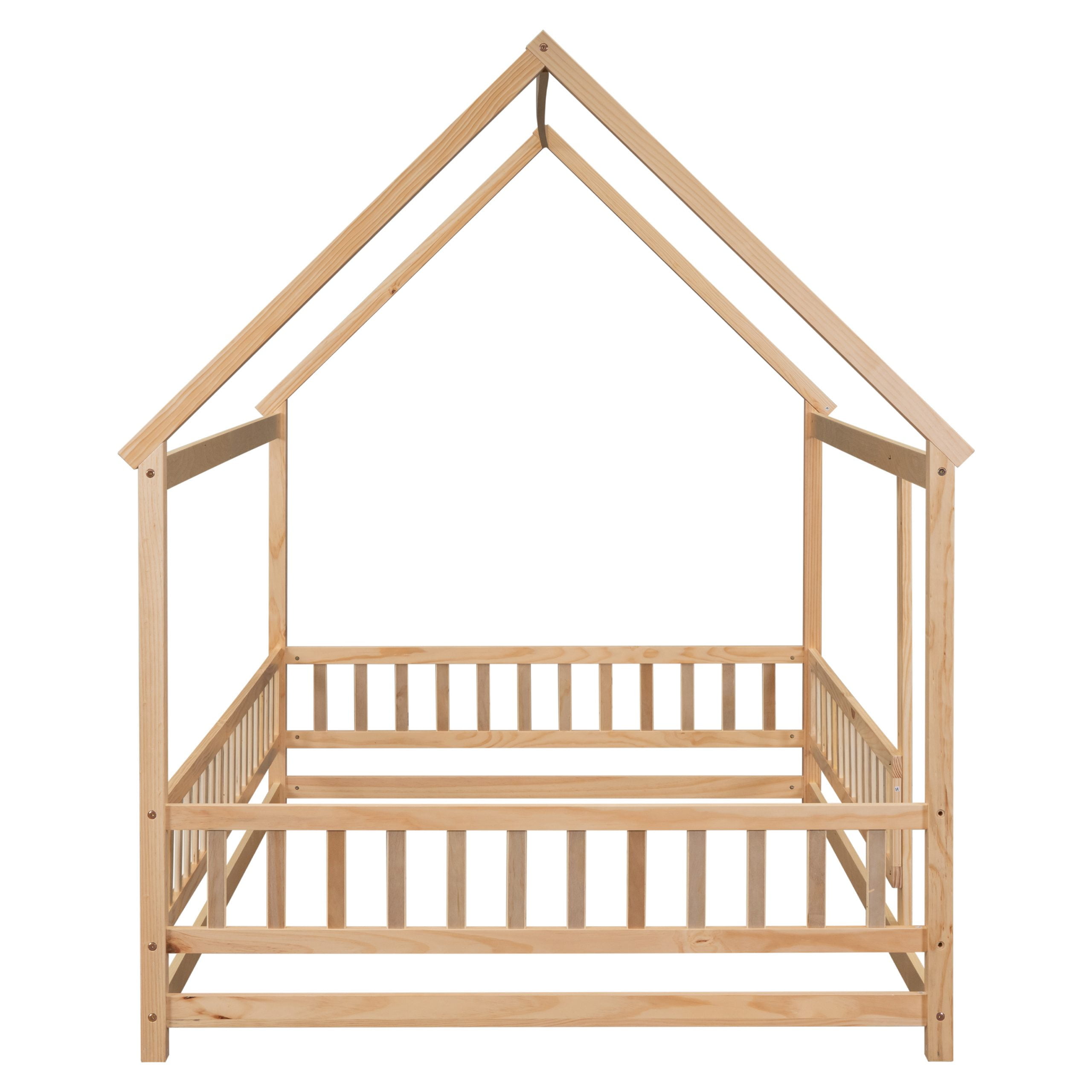 Full Size Floor Wooden Bed with House Roof Frame, Fence Guardrails 17 Full Size Floor Wooden Bed with House Roof Frame, Fence Guardrails