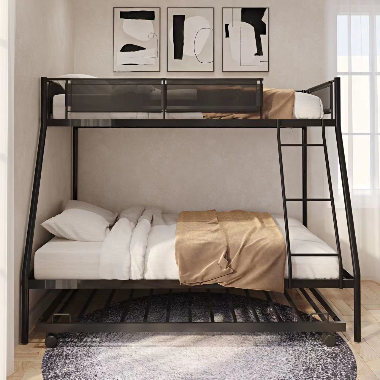 Twin over Full Metal Bunk Bed with Trundle, No Box Spring Needed