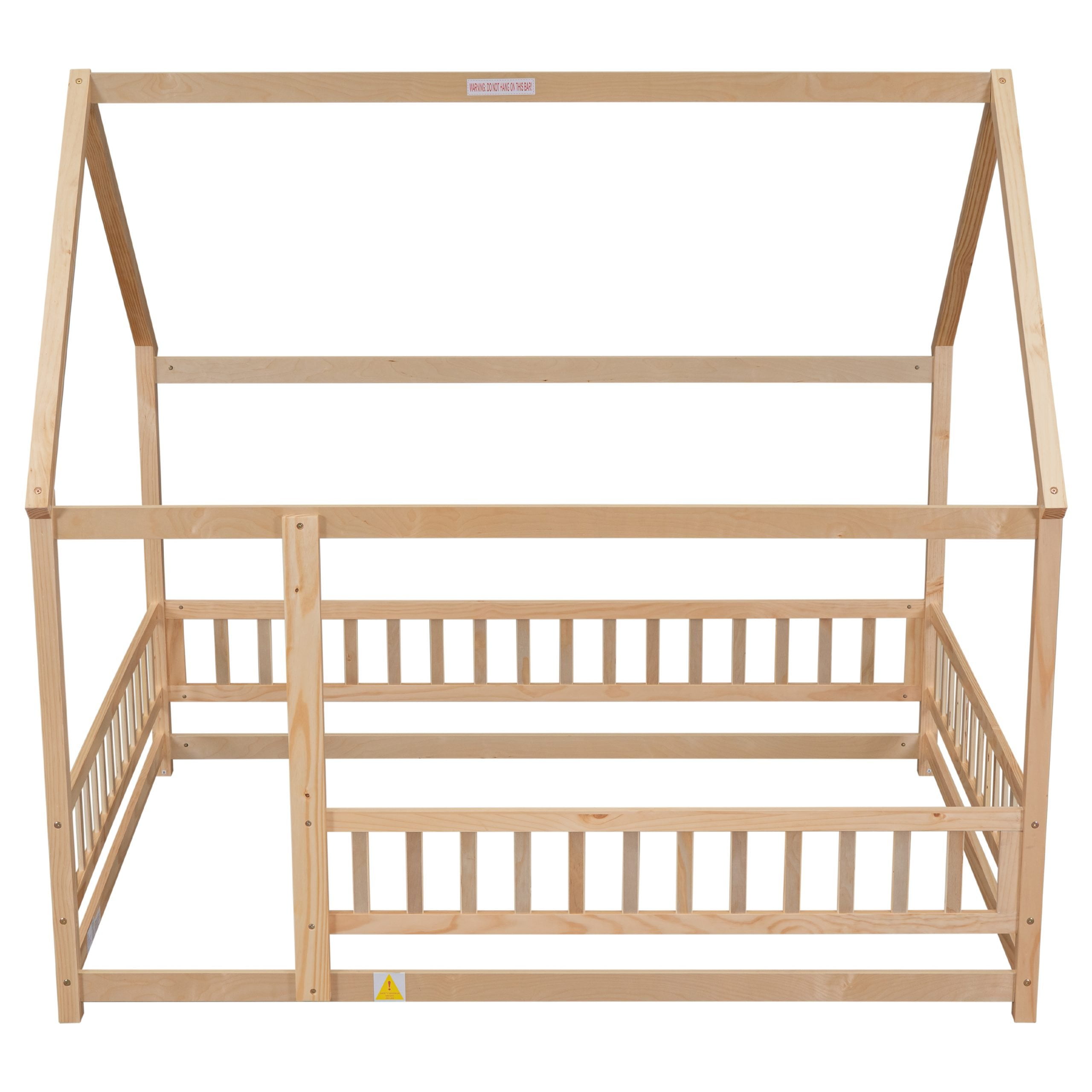 Full Size Floor Wooden Bed with House Roof Frame, Fence Guardrails 18 Full Size Floor Wooden Bed with House Roof Frame, Fence Guardrails