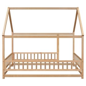 Full Size Floor Wooden Bed with House Roof Frame, Fence Guardrails 22 Full Size Floor Wooden Bed with House Roof Frame, Fence Guardrails
