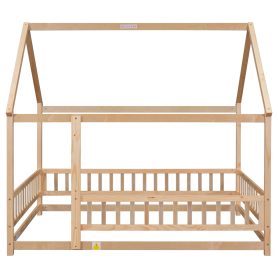 Full Size Floor Wooden Bed with House Roof Frame, Fence Guardrails 23 Full Size Floor Wooden Bed with House Roof Frame, Fence Guardrails