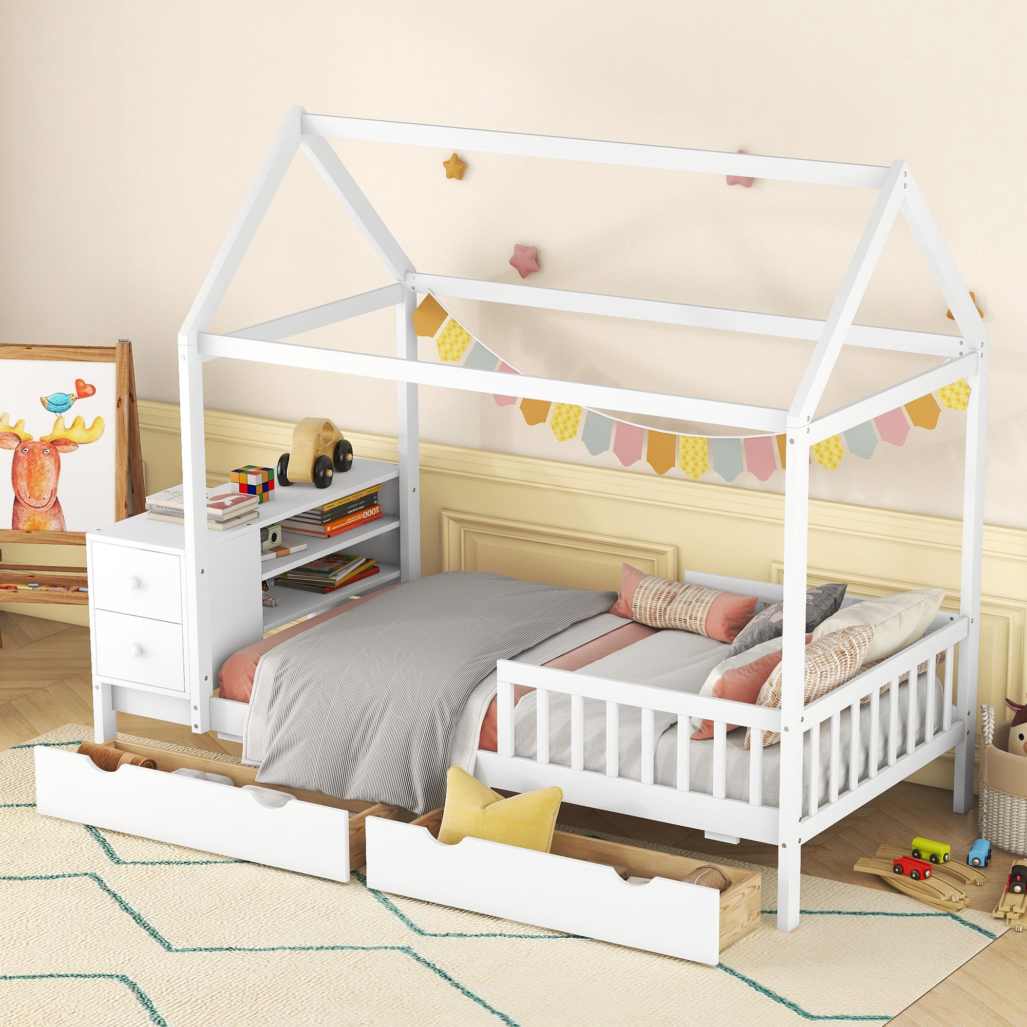 Twin Size House Bed With Fence, Drawers, Shelves And Desk