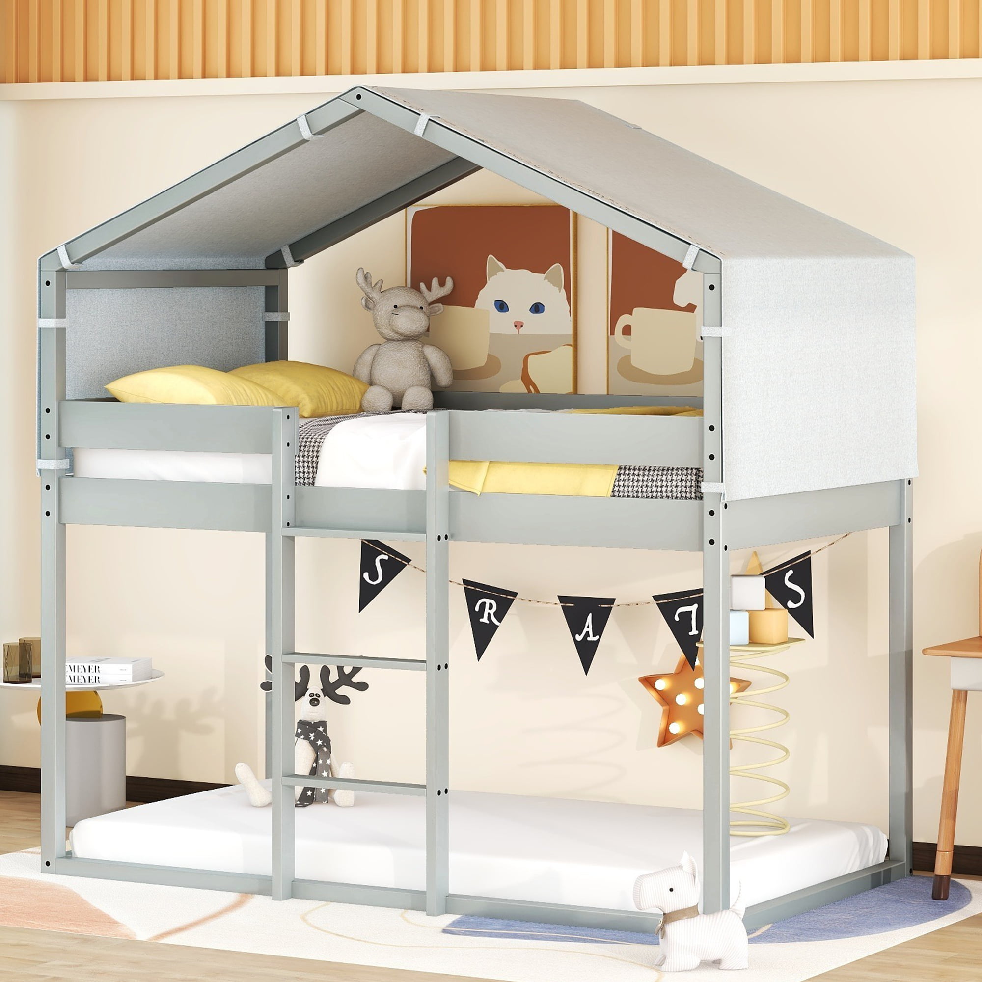 Wood Twin Over Twin Bunk Bed With Tent