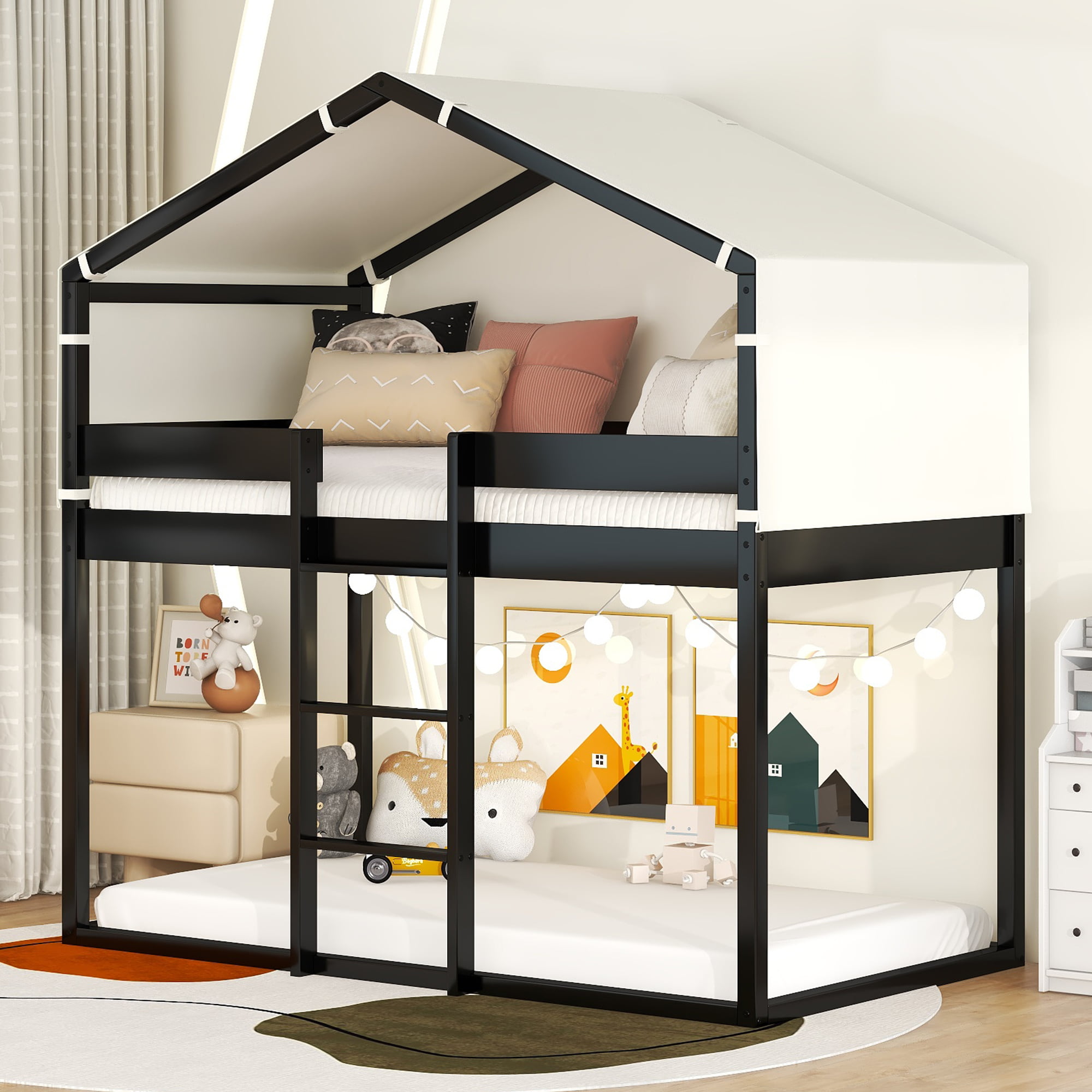 Wood Twin Over Twin Bunk Bed With Tent