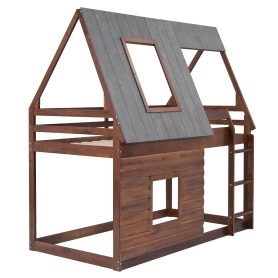Wood Twin Size House Bunk Bed with Roof, Ladder and 2 Windows 35 Wood Twin Size House Bunk Bed with Roof, Ladder and 2 Windows