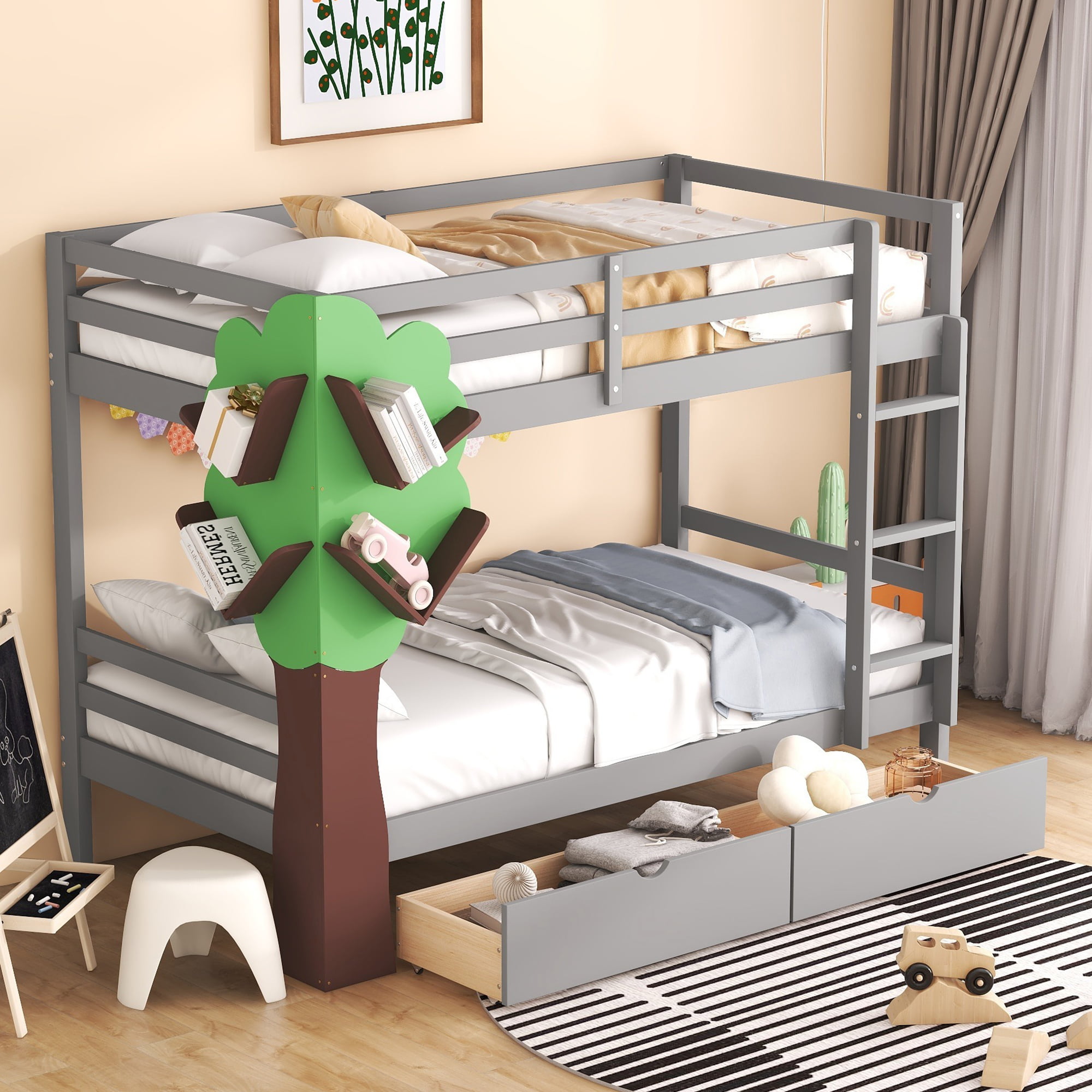 Twin over Twin Bunk Bed With  A Tree Decor And Two Storage Drawers