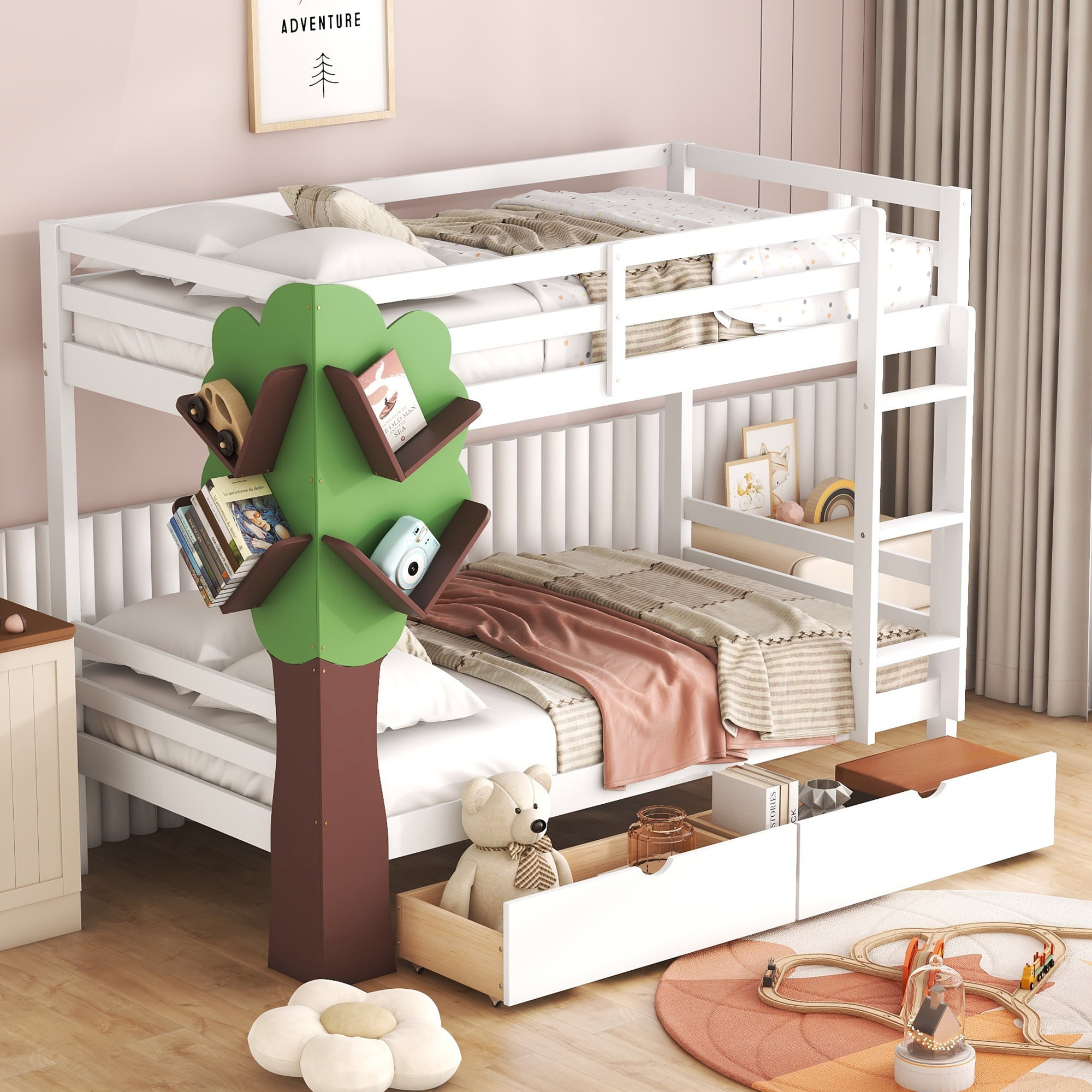 Twin over Twin Bunk Bed With  A Tree Decor And Two Storage Drawers