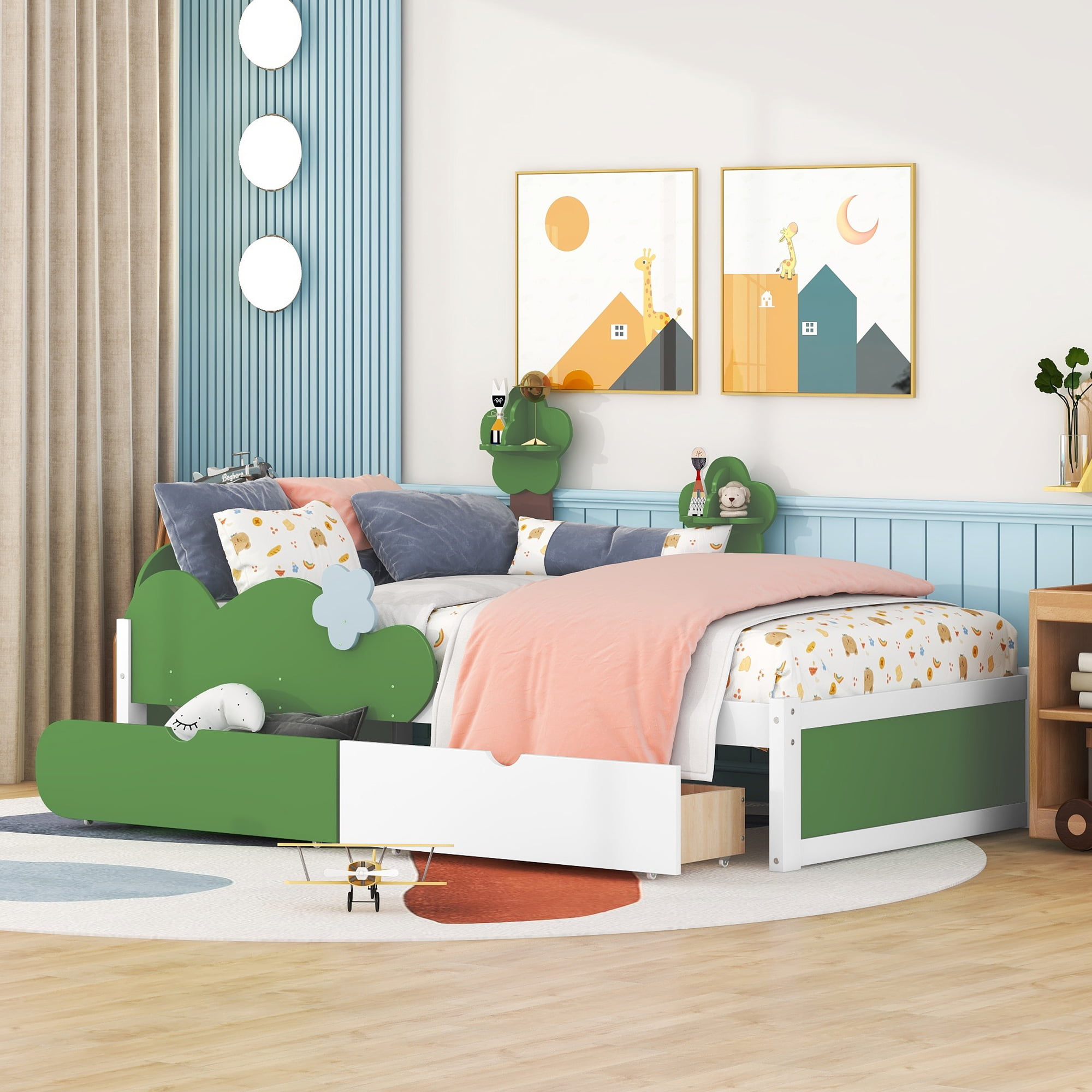 Twin Size Bed With Grass Hill And Trees Decor