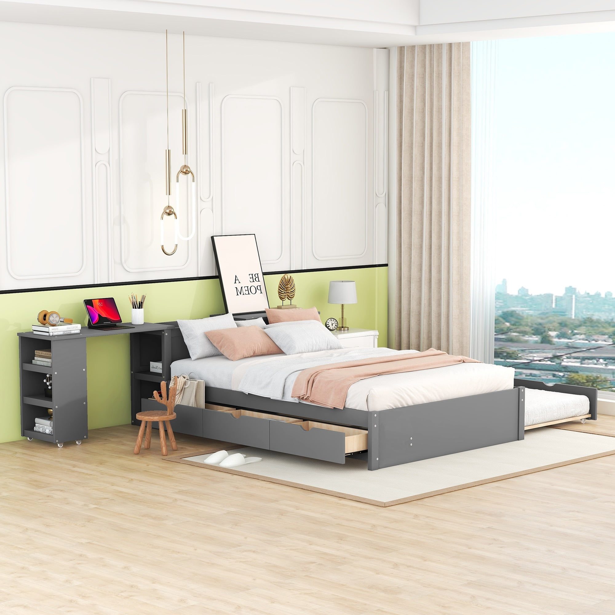 Full Size Platform Bed With A Rolling Shelf