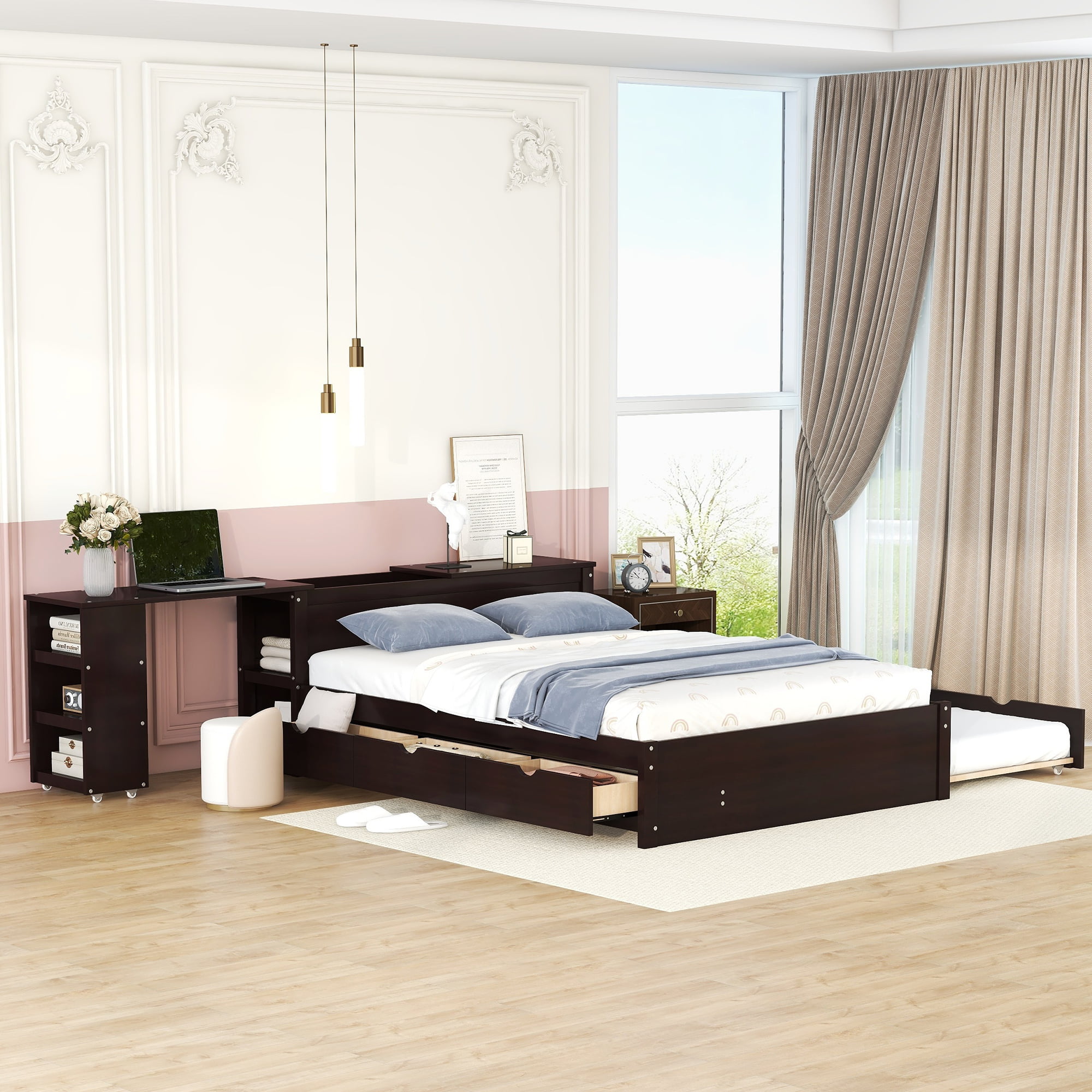 Full Size Platform Bed With A Rolling Shelf