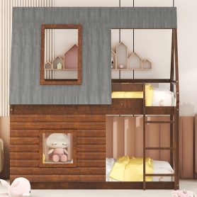 Wood Twin Size House Bunk Bed with Roof, Ladder and 2 Windows 30 Wood Twin Size House Bunk Bed with Roof, Ladder and 2 Windows