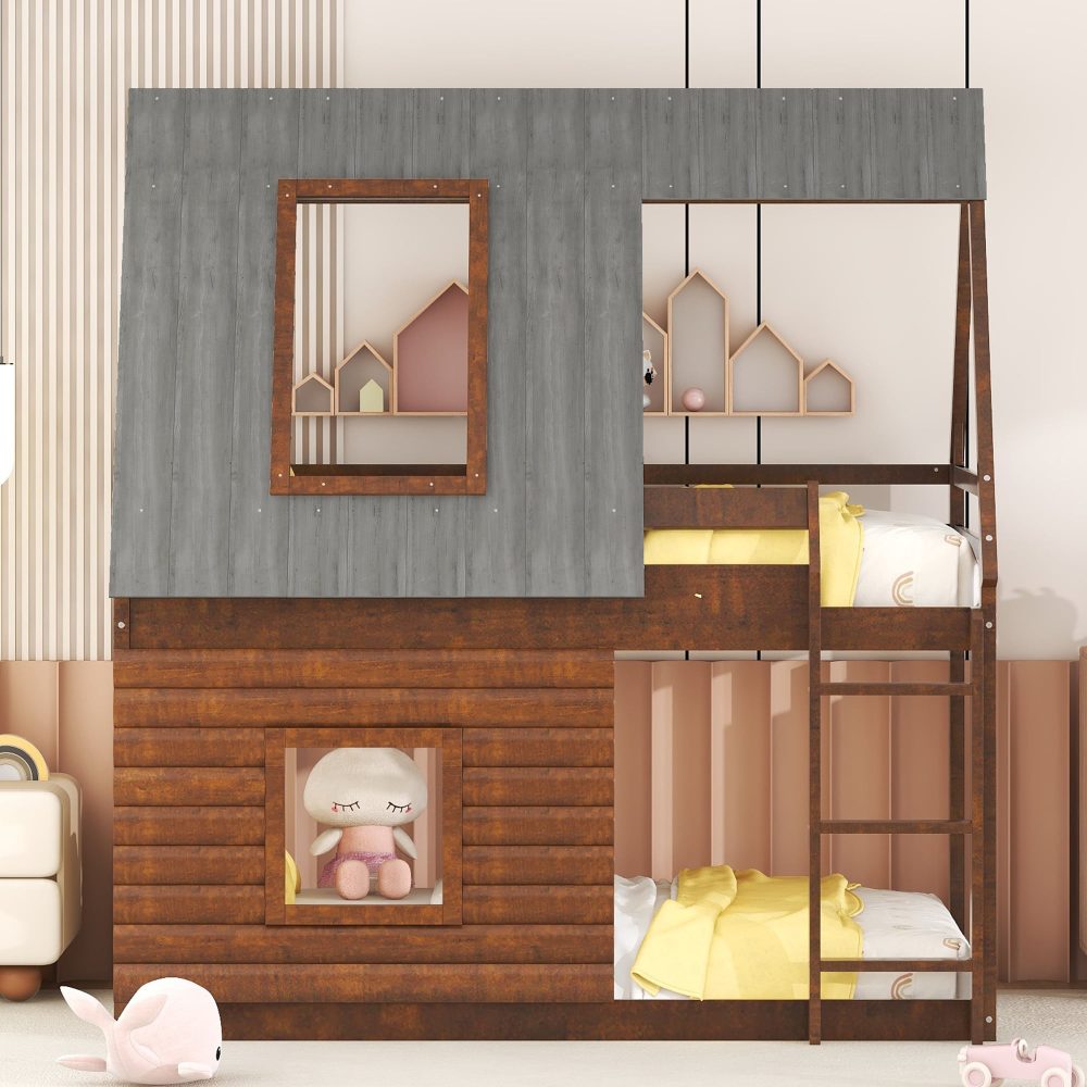 Wood Twin Size House Bunk Bed with Roof, Ladder and 2 Windows - Cool ...