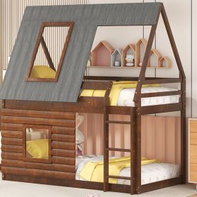 Wood Twin Size House Bunk Bed with Roof, Ladder and 2 Windows 28 Wood Twin Size House Bunk Bed with Roof, Ladder and 2 Windows