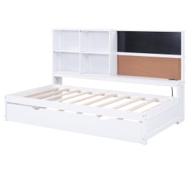 Twin Size Daybed with Storage Shelves, Blackboard, Cork board, USB Ports and Twin Size Trundle