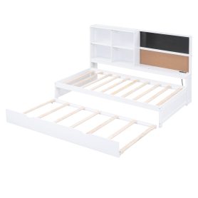 Twin Size Daybed with Storage Shelves, Blackboard, Cork board, USB Ports and Twin Size Trundle