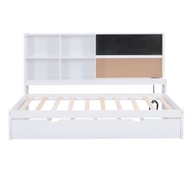Twin Size Daybed with Storage Shelves, Blackboard, Cork board, USB Ports and Twin Size Trundle