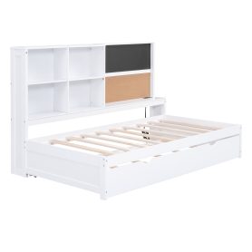 Twin Size Daybed with Storage Shelves, Blackboard, Cork board, USB Ports and Twin Size Trundle