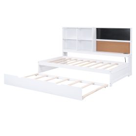 Twin Size Daybed with Storage Shelves, Blackboard, Cork board, USB Ports and Twin Size Trundle