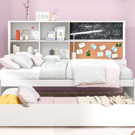 Twin Size Daybed with Storage Shelves, Blackboard, Cork board, USB Ports and Twin Size Trundle