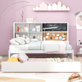Twin Size Daybed with Storage Shelves, Blackboard, Cork board, USB Ports and Twin Size Trundle