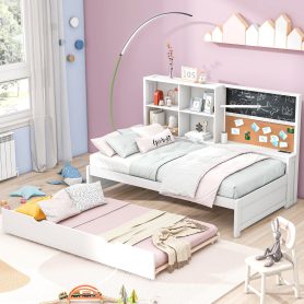 Twin Size Daybed with Storage Shelves, Blackboard, Cork board, USB Ports and Twin Size Trundle