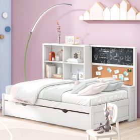 Twin Size Daybed with Storage Shelves, Blackboard, Cork board, USB Ports and Twin Size Trundle