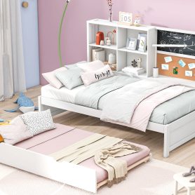 Twin Size Daybed with Storage Shelves, Blackboard, Cork board, USB Ports and Twin Size Trundle