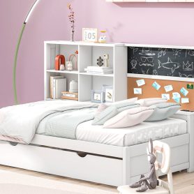 Twin Size Daybed with Storage Shelves, Blackboard, Cork board, USB Ports and Twin Size Trundle