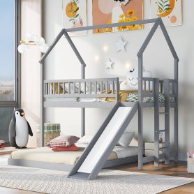 House Shape Twin Over Full Bunk Bed With Slide, Built-in Ladder And Full-Length Guardrail