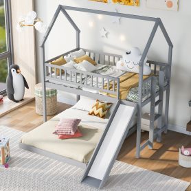 House Shape Twin Over Full Bunk Bed With Slide, Built-in Ladder And Full-Length Guardrail 18 House Shape Twin Over Full Bunk Bed With Slide, Built-in Ladder And Full-Length Guardrail