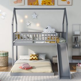 House Shape Twin Over Full Bunk Bed With Slide, Built-in Ladder And Full-Length Guardrail