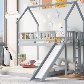 House Shape Twin Over Full Bunk Bed With Slide, Built-in Ladder And Full-Length Guardrail 19 House Shape Twin Over Full Bunk Bed With Slide, Built-in Ladder And Full-Length Guardrail