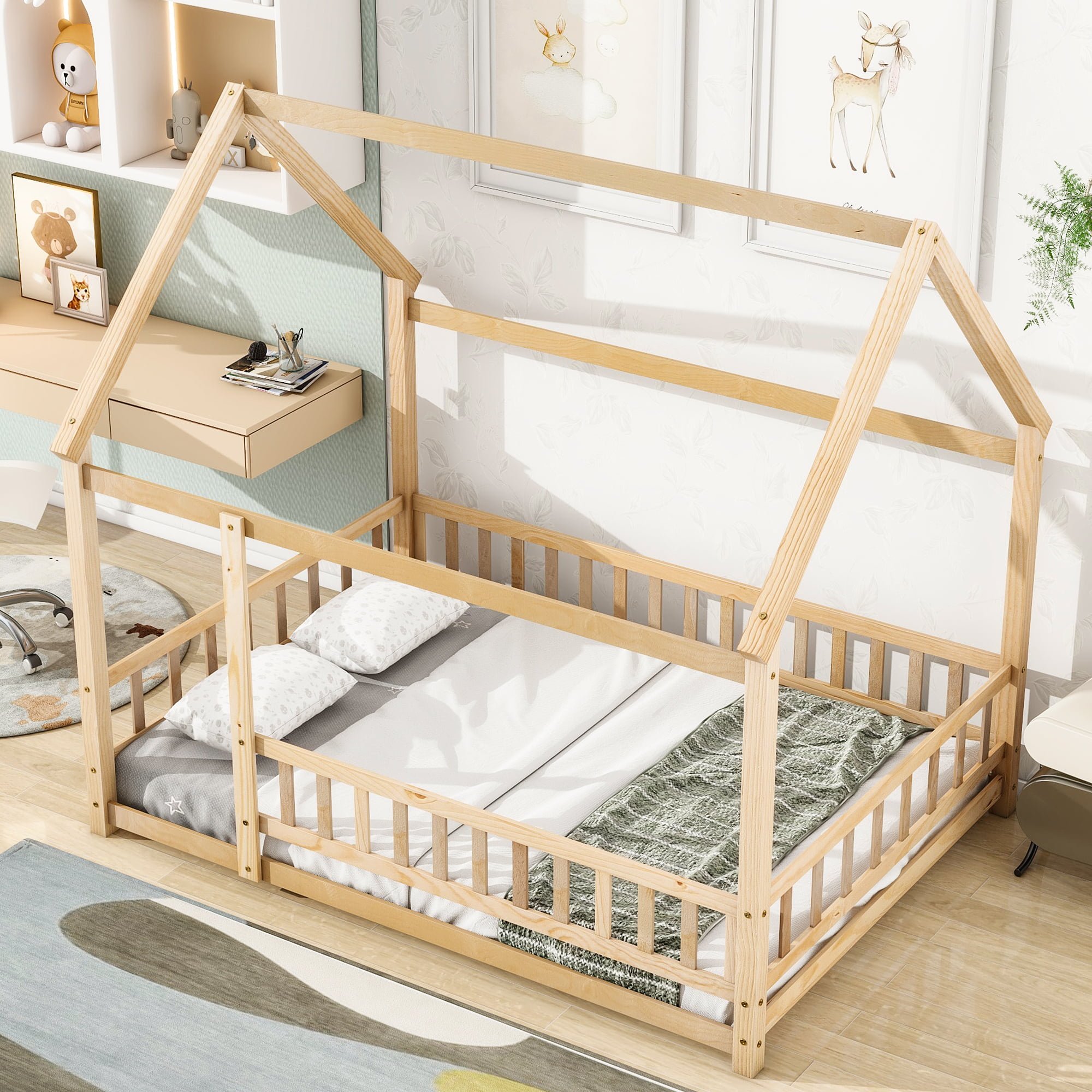 Full Size Floor Wooden Bed with House Roof Frame, Fence Guardrails 9 Full Size Floor Wooden Bed with House Roof Frame, Fence Guardrails