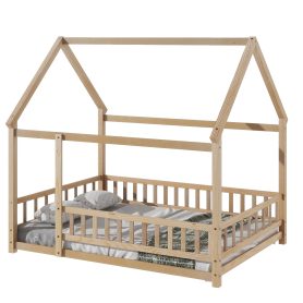 Full Size Floor Wooden Bed with House Roof Frame, Fence Guardrails 28 Full Size Floor Wooden Bed with House Roof Frame, Fence Guardrails