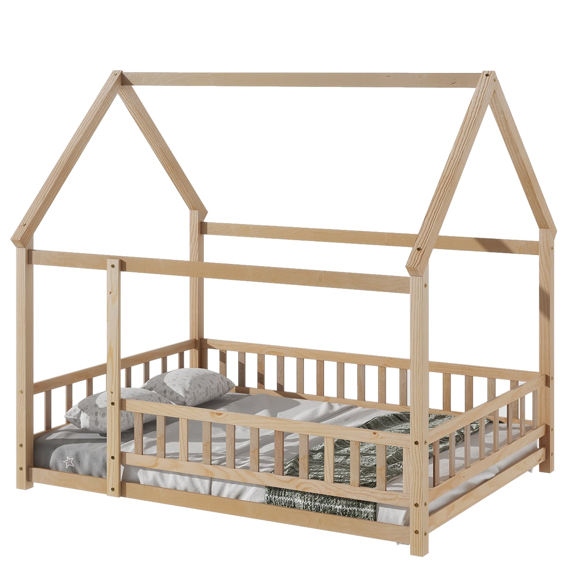 Full Size Floor Wooden Bed with House Roof Frame, Fence Guardrails 12 Full Size Floor Wooden Bed with House Roof Frame, Fence Guardrails