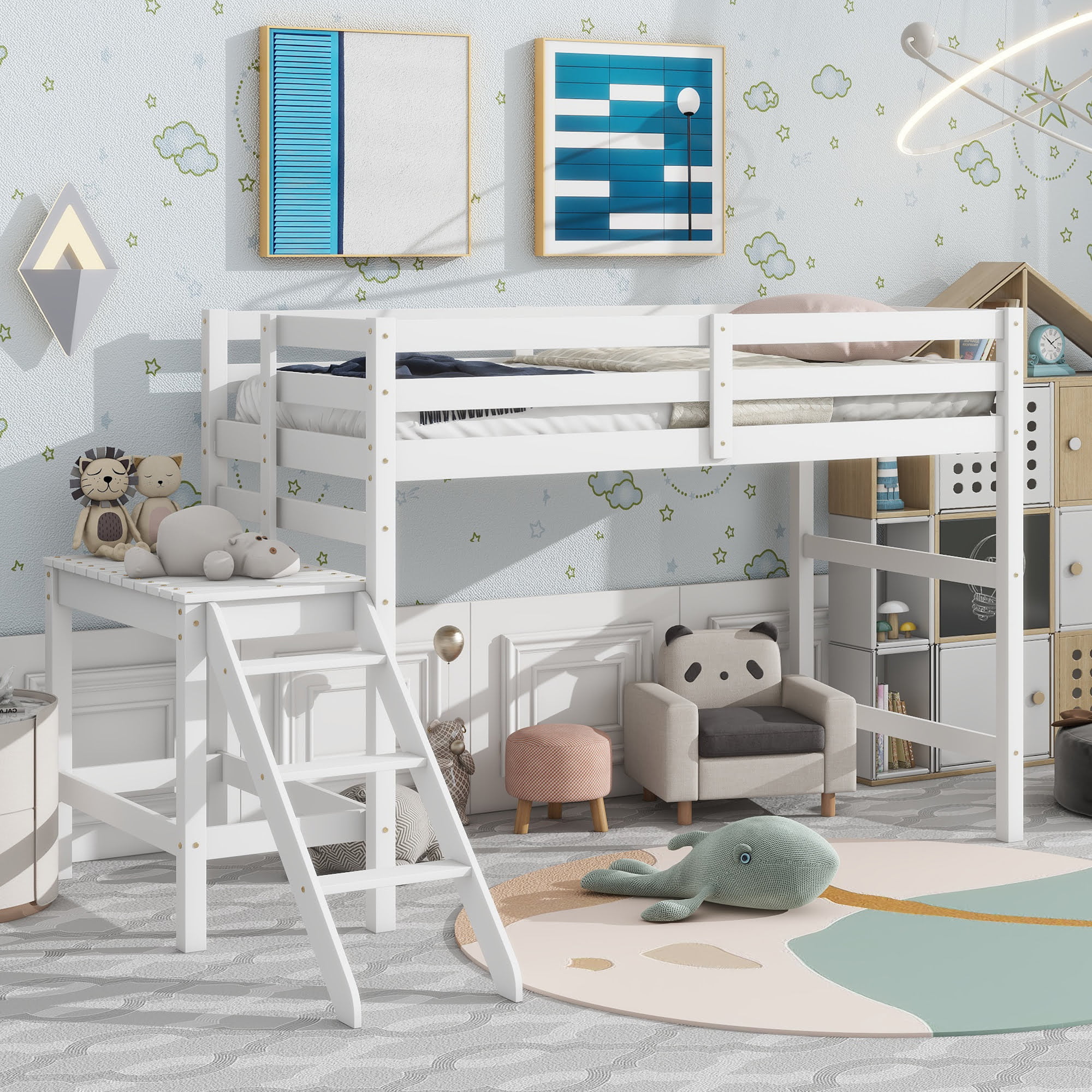 Twin Size Loft Bed With Platform and Ladder