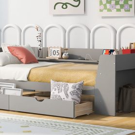 Twin Size Daybed with Shelves, Drawers and Built-In Charging Station