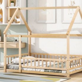 Full Size Floor Wooden Bed with House Roof Frame, Fence Guardrails 29 Full Size Floor Wooden Bed with House Roof Frame, Fence Guardrails