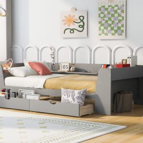 Twin Size Daybed with Shelves, Drawers and Built-In Charging Station