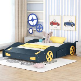 Full Size Race Car-Shaped Platform Bed with Wheels and Storage