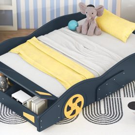 Full Size Race Car-Shaped Platform Bed with Wheels and Storage