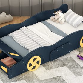Twin Size Race Car-Shaped Platform Bed with Wheels and Storage