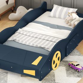 Twin Size Race Car-Shaped Platform Bed with Wheels and Storage