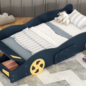 Twin Size Race Car-Shaped Platform Bed with Wheels and Storage