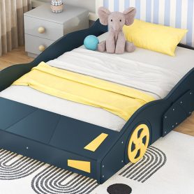 Full Size Race Car-Shaped Platform Bed with Wheels and Storage